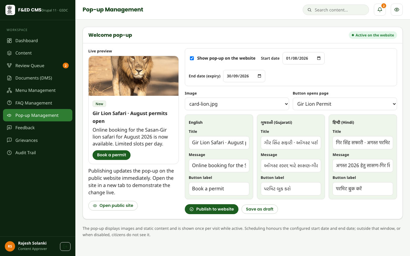 The CMS pop-up management screen with scheduling and trilingual editing